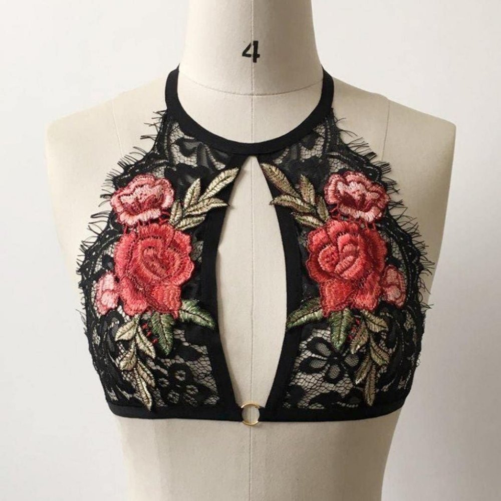 Black Eyelash Lace Embroidered Rose patch Bralette - Picture 2 of 7